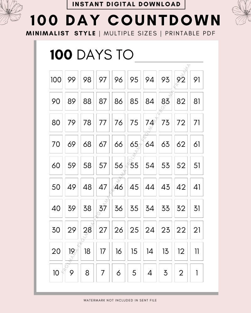 100 Day Countdown Printable Planner, Countdown Calendar, Fitness throughout 100 Day Countdown Calendar Printable