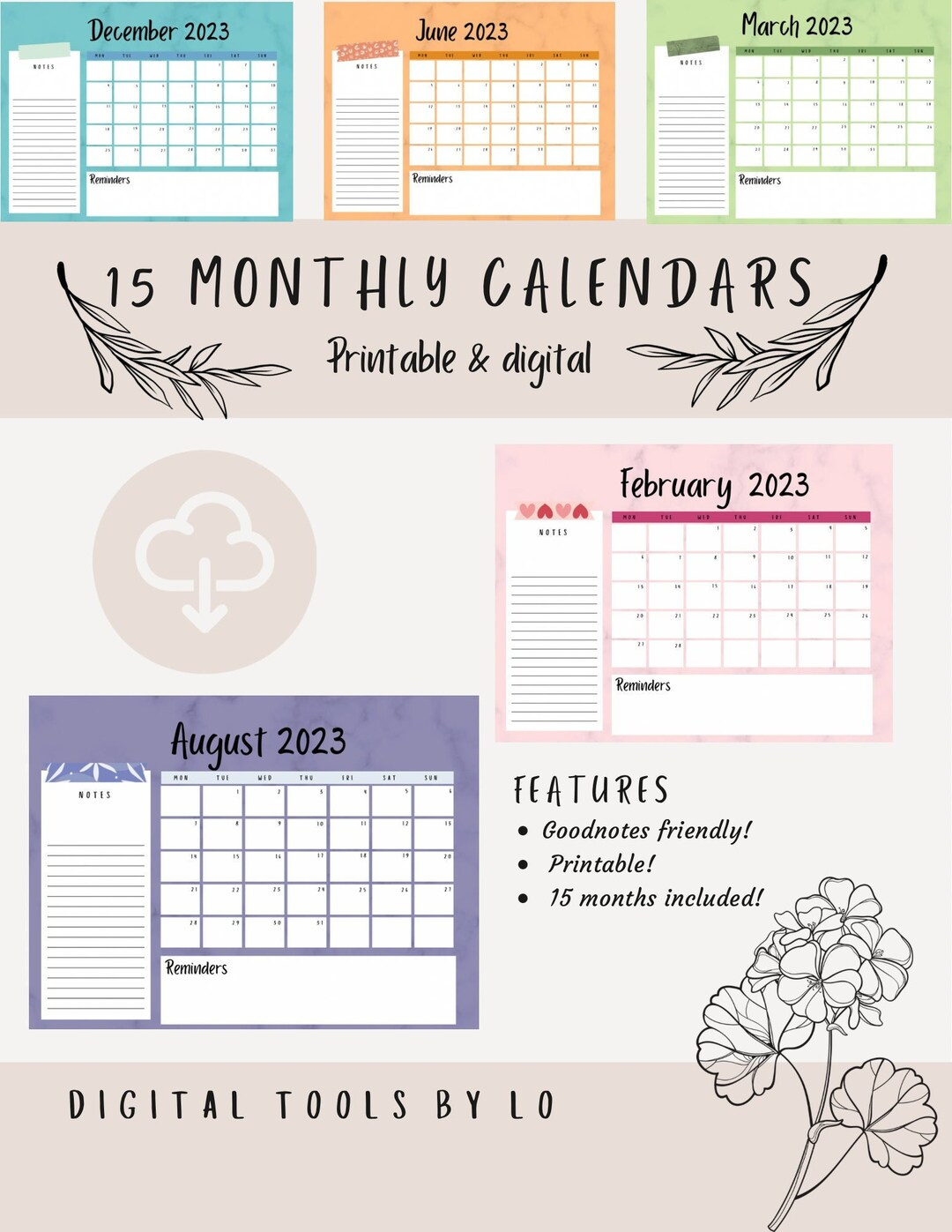 15 Full Monthly Calendar, Digital, Printable, Goodnotes - Etsy pertaining to 15 Month Calendar Printable