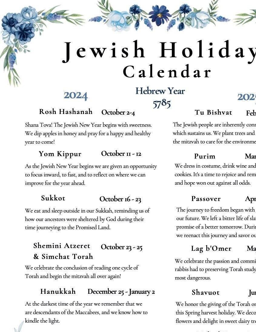 2024-2025 New Jewish Holiday Calendar Hebrew Calendar 5785 Rosh for 2025 Calendar with Jewish Holidays Printable