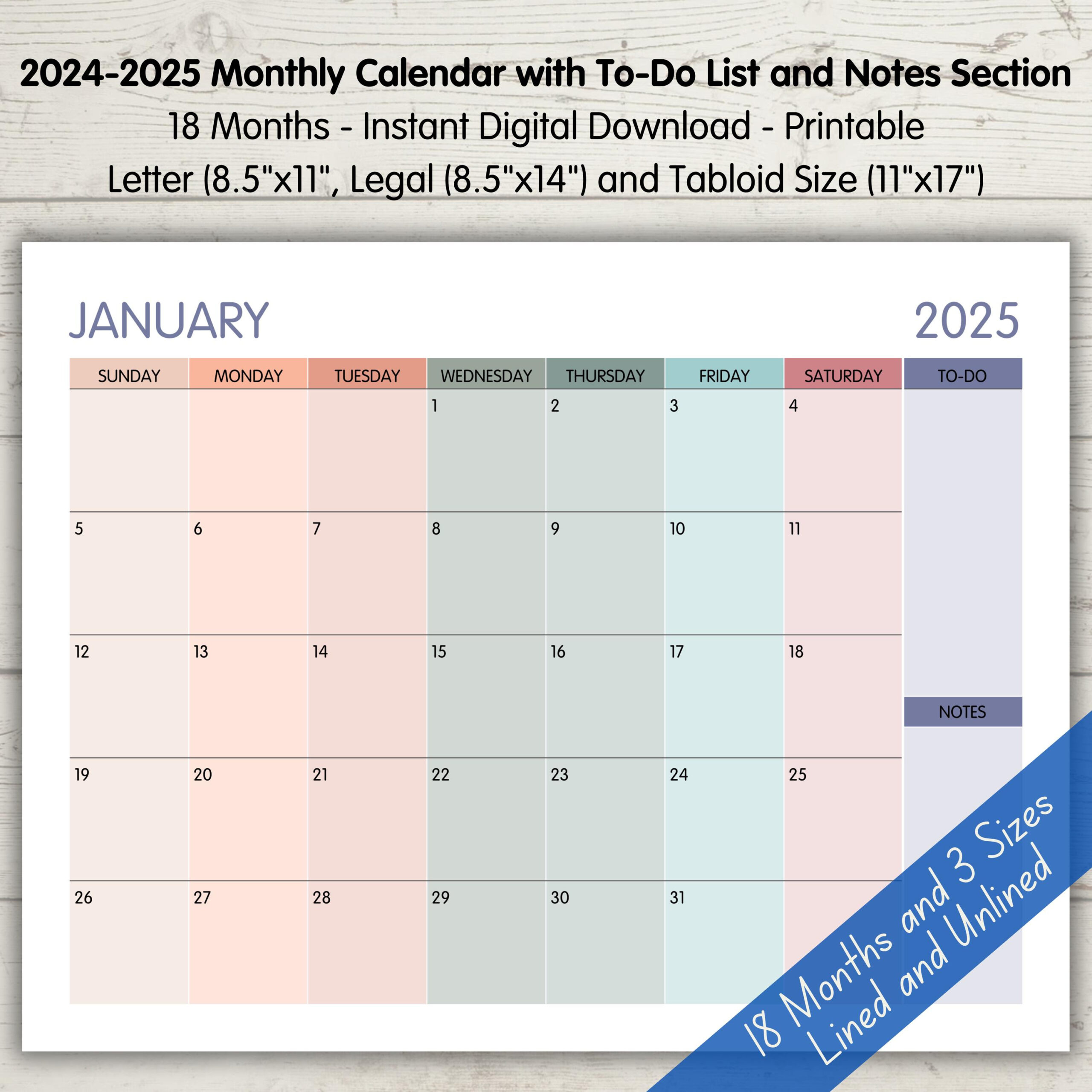 2025 12-Month Monthly Calendar W/To-Do List/Notes, Landscape with 18 Month Printable Calendar