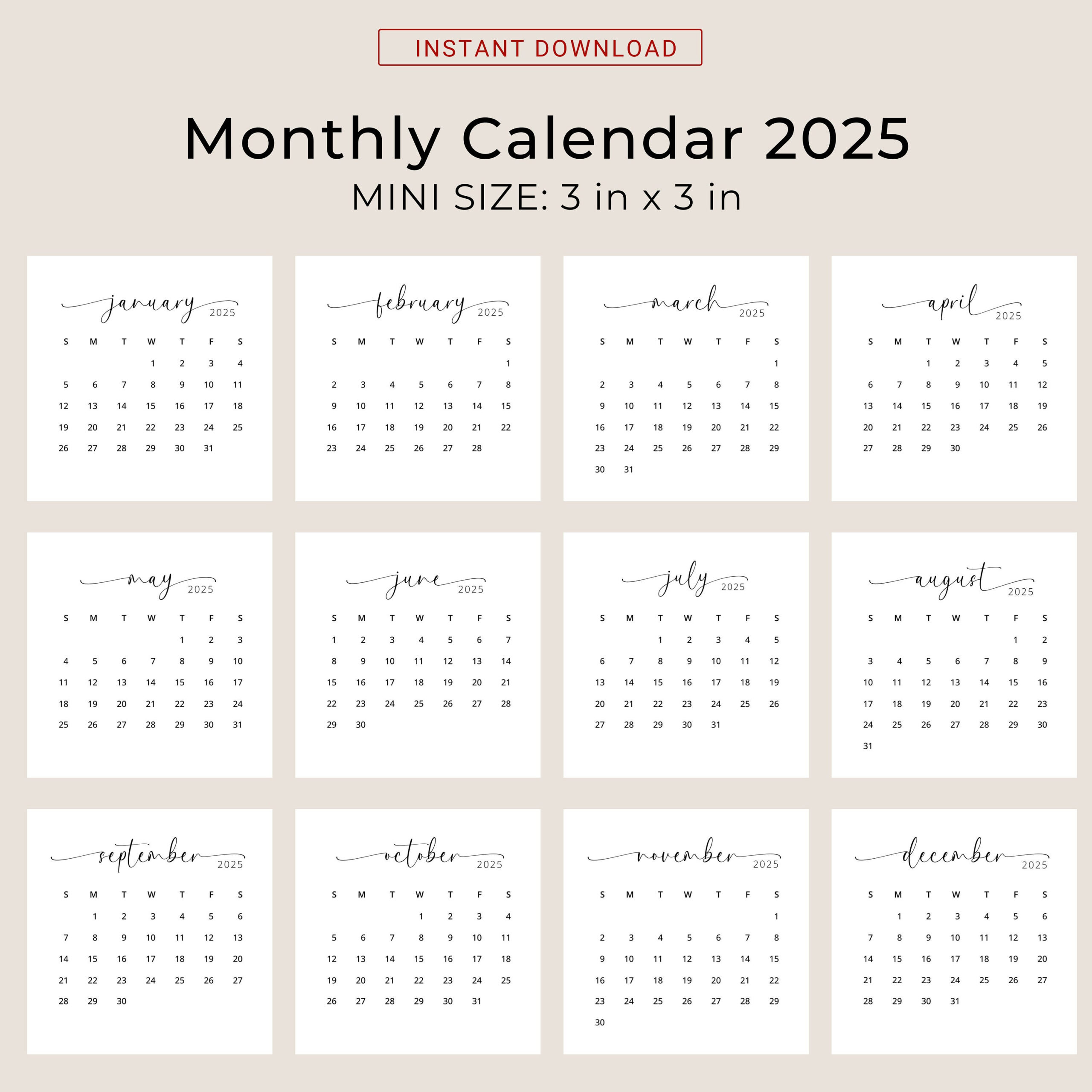 2025 3X3 Mini Calendar 2025 Calendar Card 2025 Pocket Calendar Elegant Printable Calendar Mini 3X3 Inch Calendar Pdf Sunday &amp;amp; Monday Start for Printable Pocket Calendar 2025