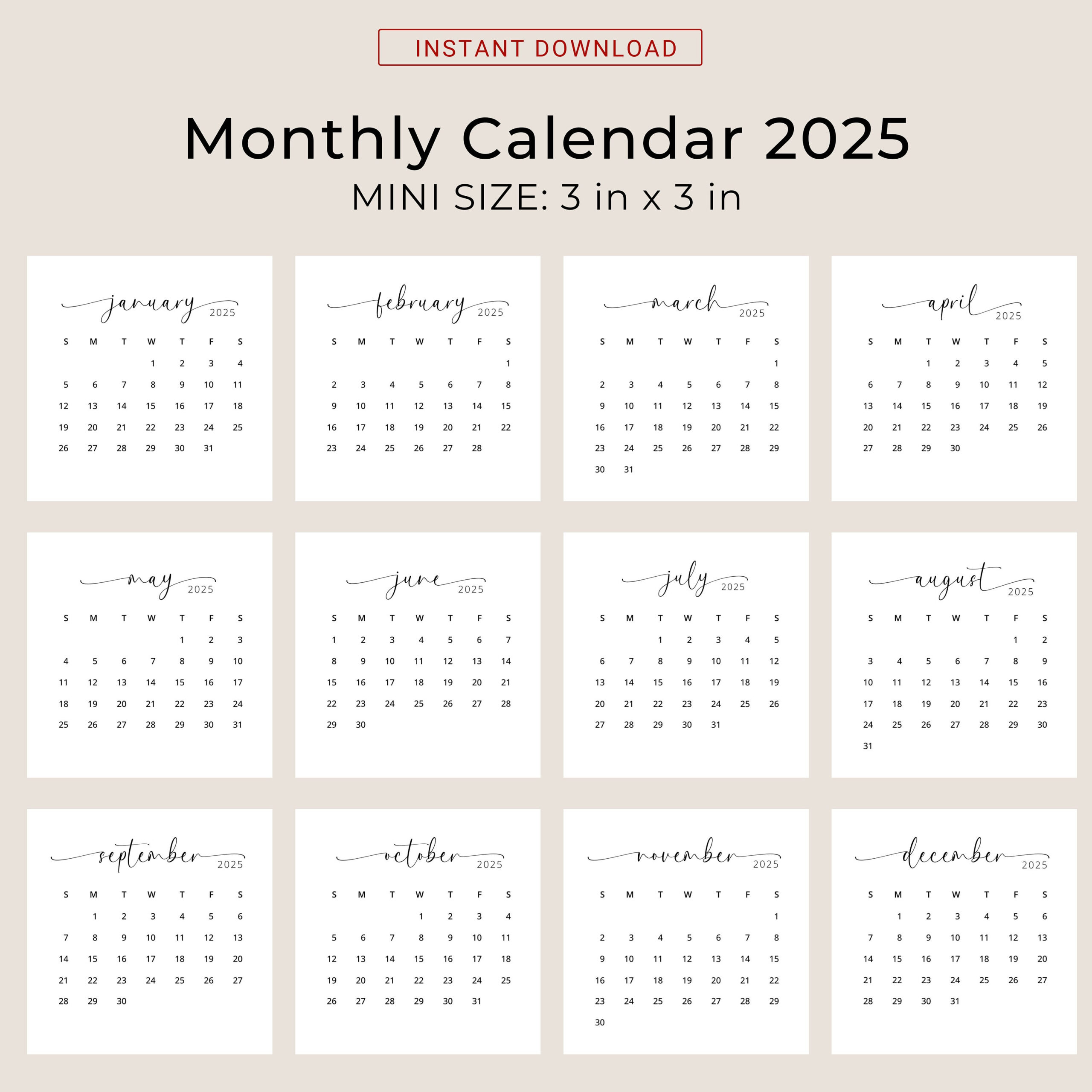 2025 3X3 Mini Calendar 2025 Calendar Card 2025 Pocket Calendar Elegant Printable Calendar Mini 3X3 Inch Calendar Pdf Sunday &amp;amp; Monday Start within 2025 Printable Pocket Calendar