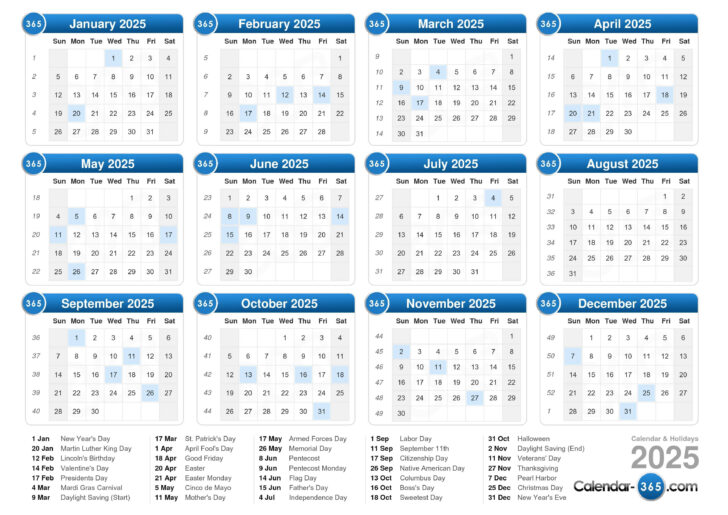 Days of the Week Printable Calendar 2025