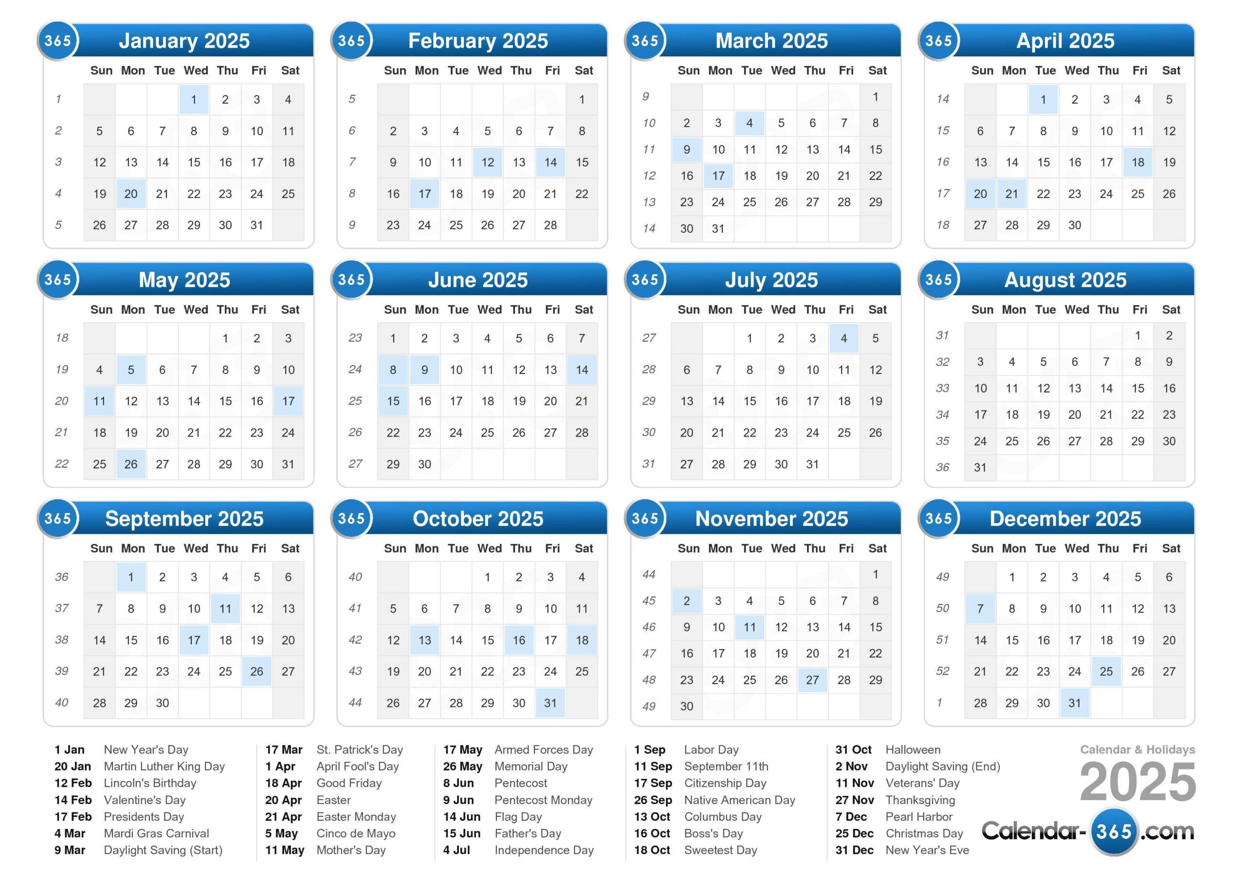 2025 Calendar intended for Days Of The Week Printable Calendar 2025