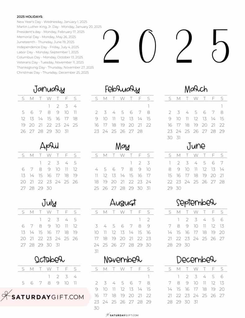 2025 Calendar Printable - 18 Cute &amp;amp; Free 2025 Yearly Calendar within 2025 Calendar At A Glance Printable Free