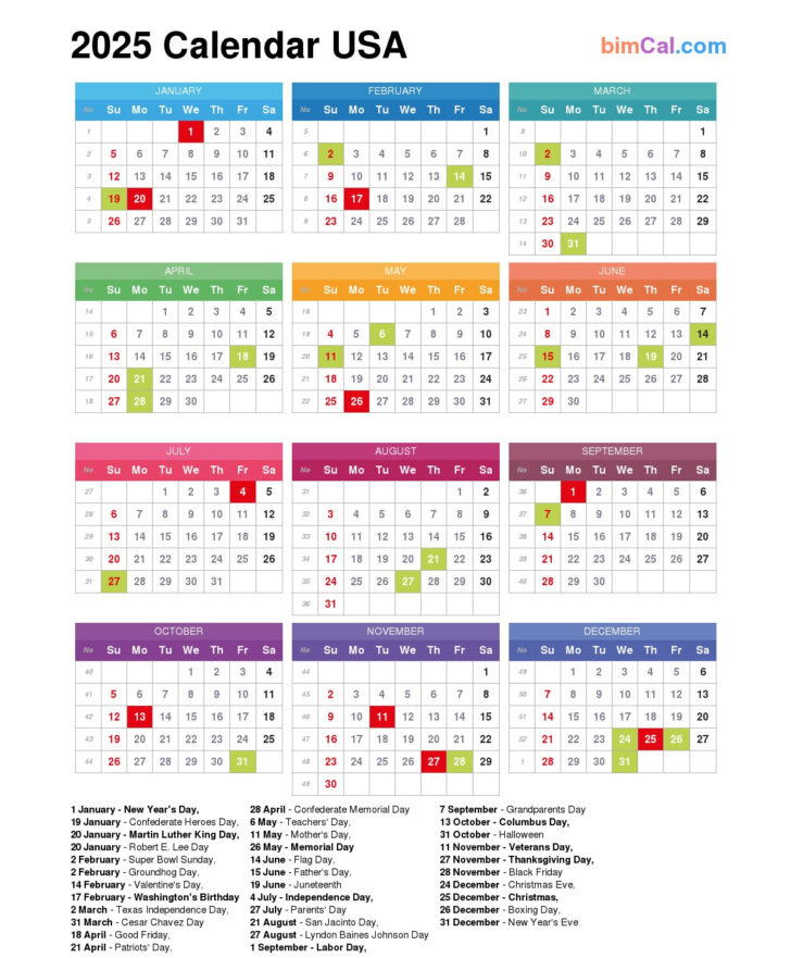 2025 Calendar with Holidays USA Printable