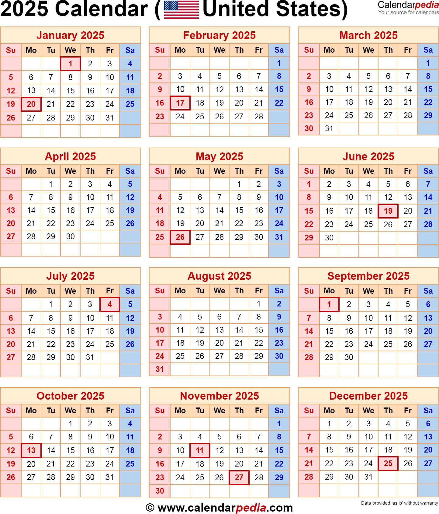 2025 Calendar With Federal Holidays for 2025 Calendar With Holidays Usa Printable