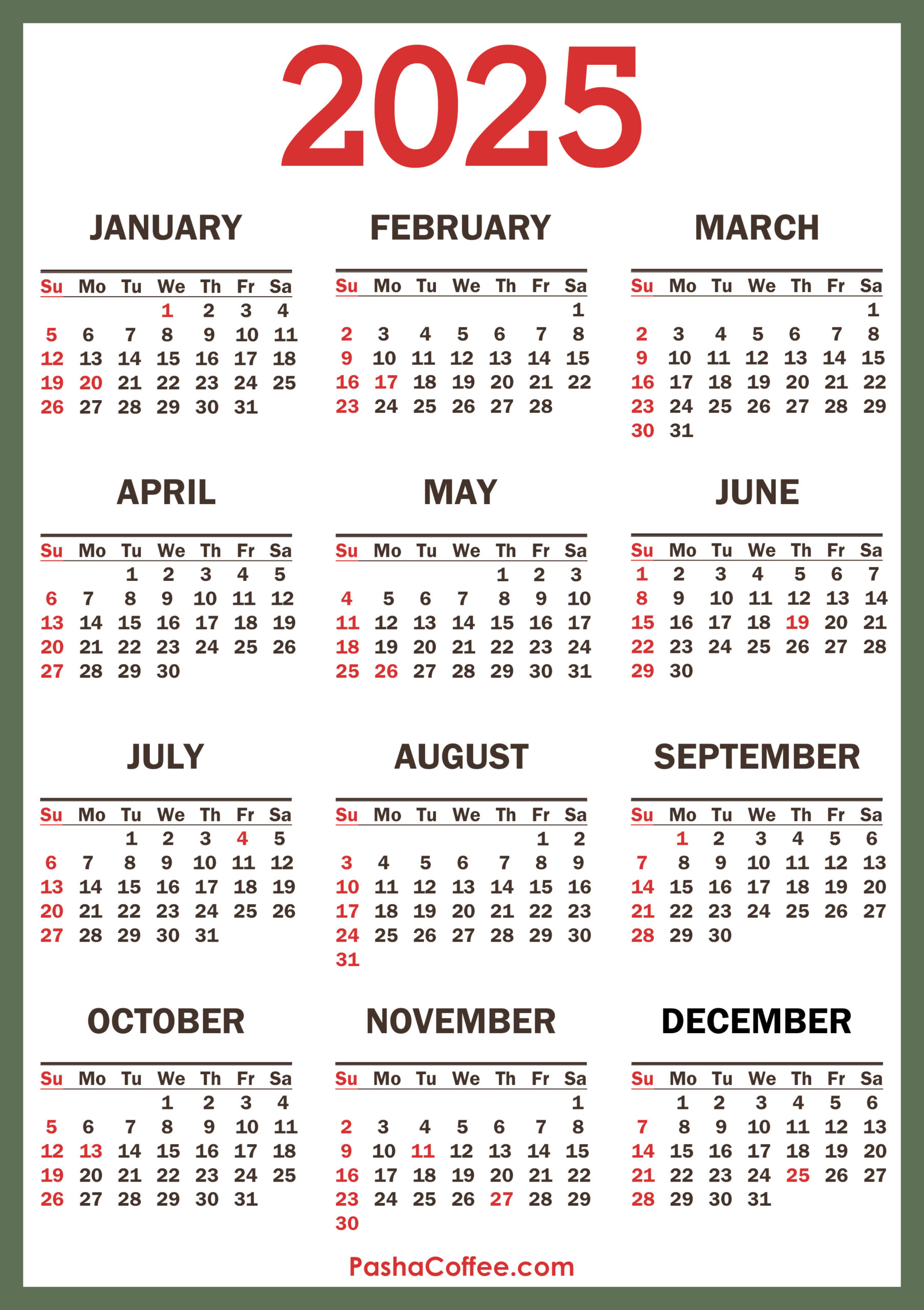 2025 Calendar With Holidays, Printable Free, Vertical, Green with regard to 2025 Printable Calendar One Page with Holidays Printable Free