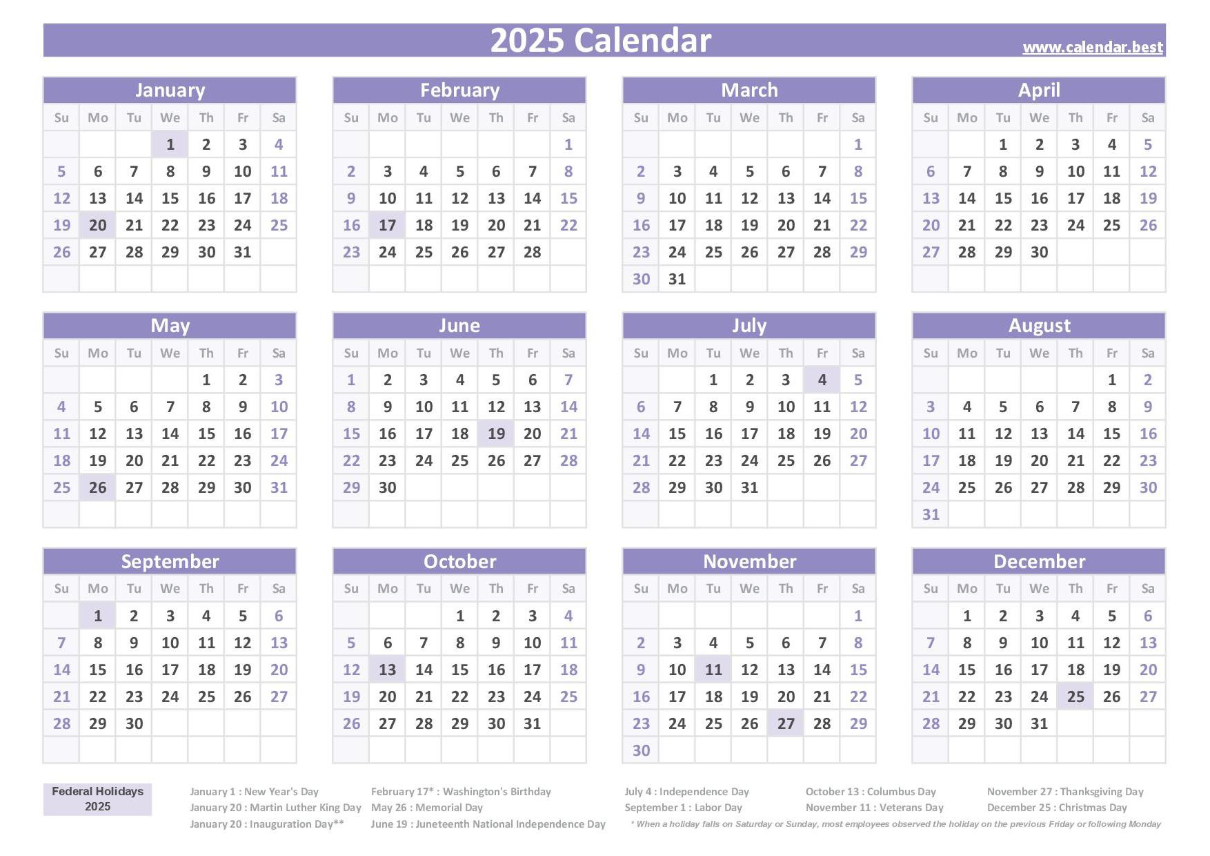 2025 Calendar With Holidays (Us Federal Holidays) intended for Printable Calendar 2025 With Us Holidays