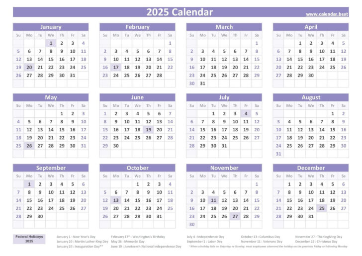 Printable Monthly 2025 Calendar with Holidays