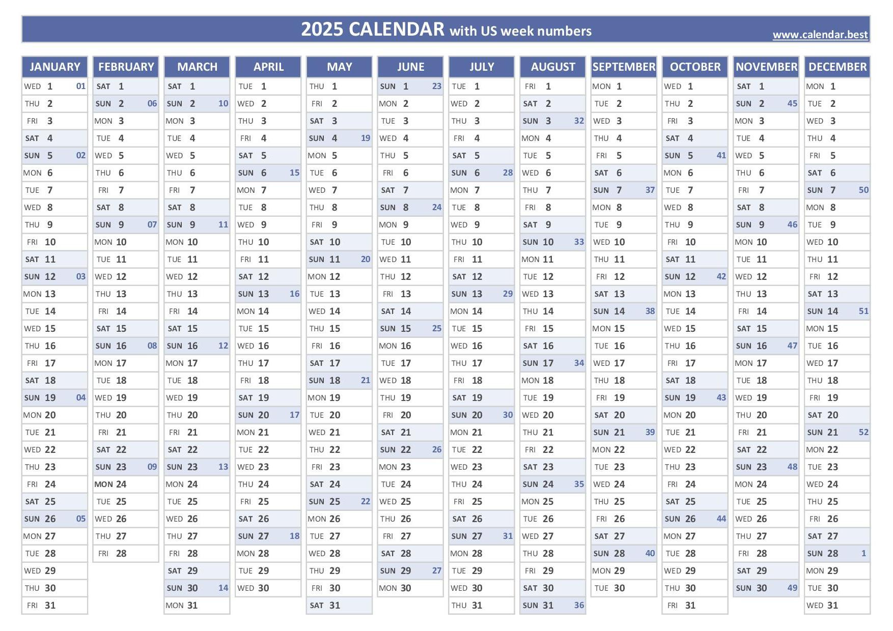 2025 Calendar With Week Numbers (Us And Iso Week Numbers) intended for Days Of Week Calendar 2025 Printable