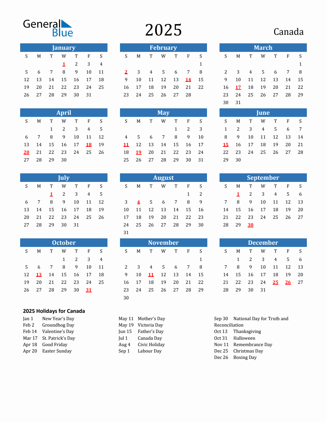 2025 Canada Calendar With Holidays with 2025 Calendar Canada with Holidays Printable