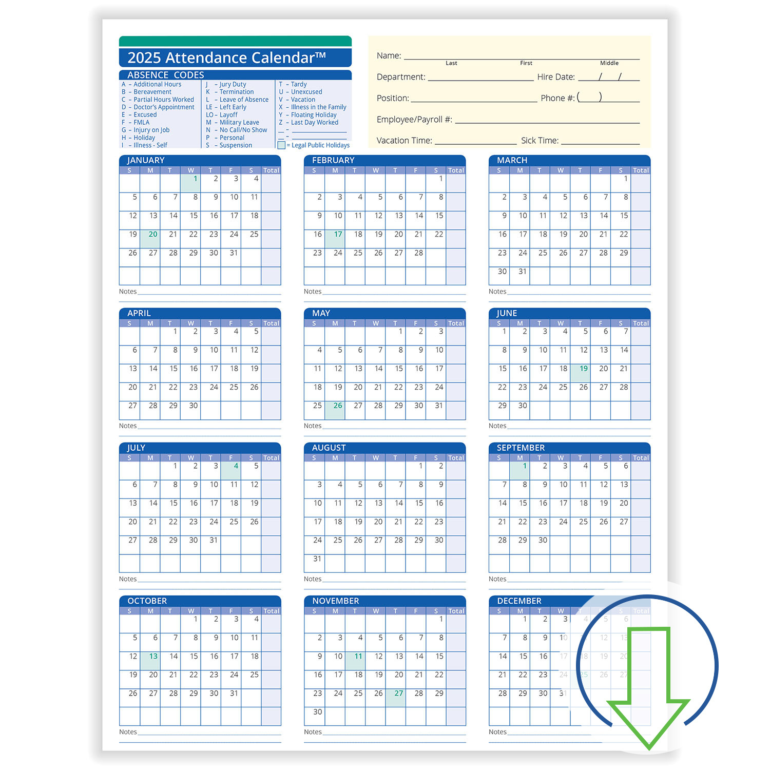 2025 Downloadable Employee Attendance Calendar | Hrdirect inside Free Printable 2025 Employee Attendance Calendar Free Download