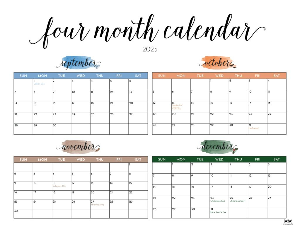 2025 Four Month Calendars - 31 Free Printables | Printabulls for Printable Four Month Calendar 2025