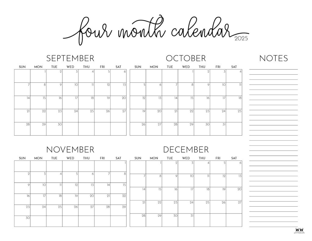 2025 Four Month Calendars - 31 Free Printables | Printabulls in 2025 Calendar Months Printable