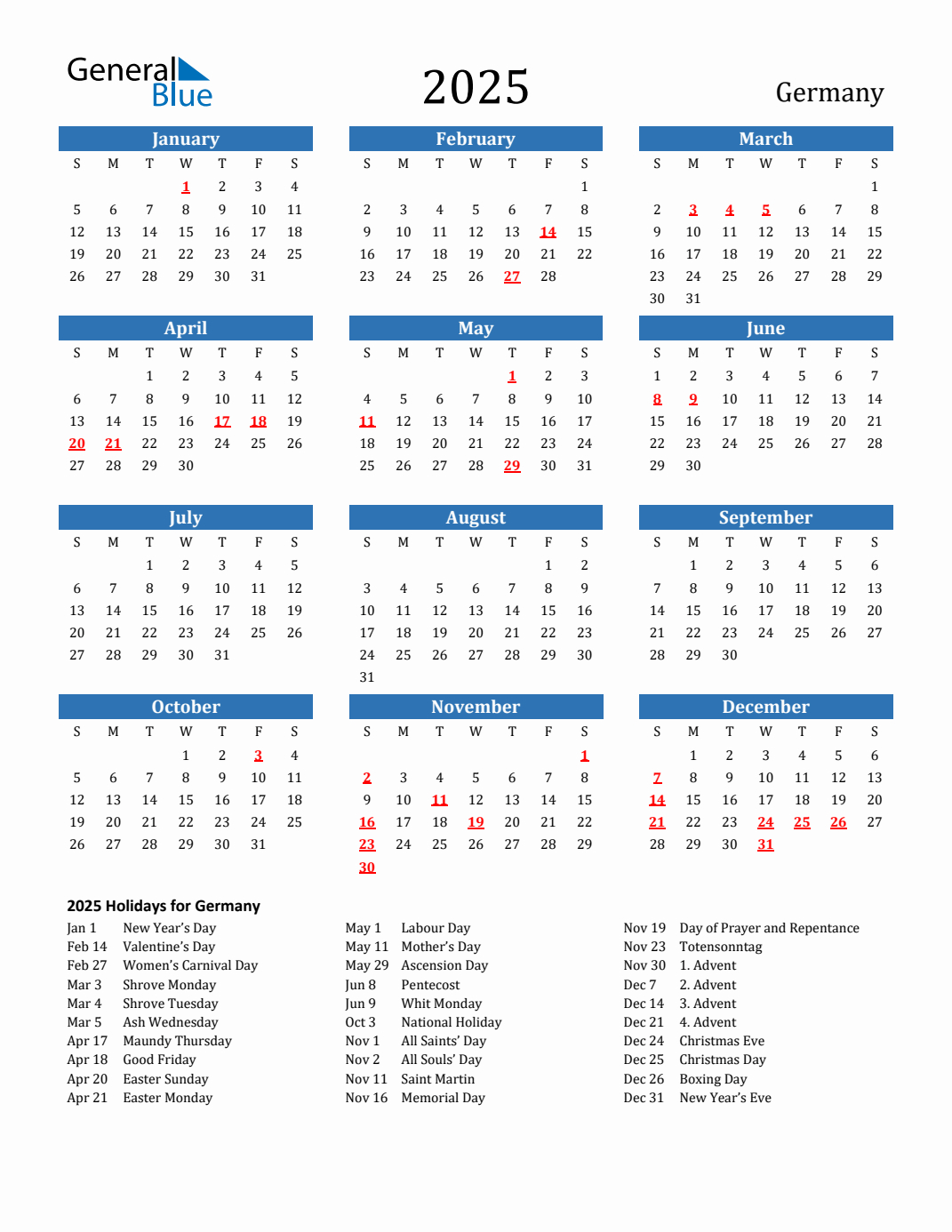 2025 Germany Calendar With Holidays in 2025 Calendar With Holidays Printable