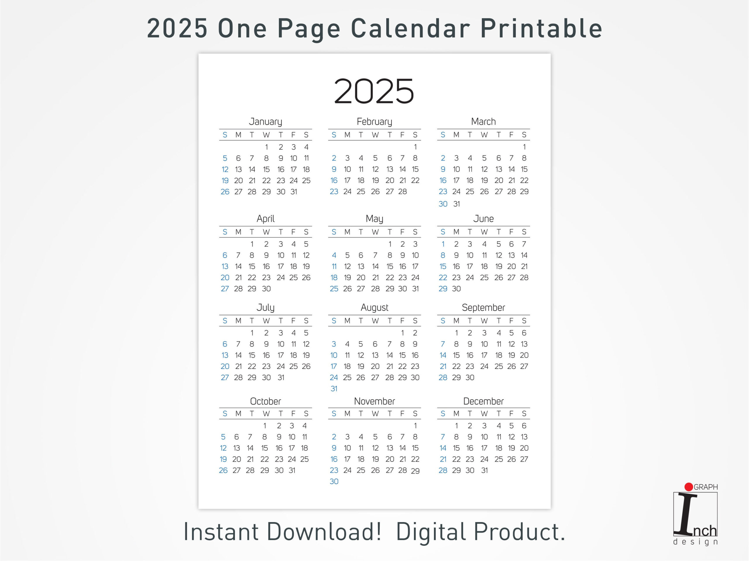 2025 Printable Calendar, 12 Months One Page Calendar, Wall with 2025 Calendar Printable 1 Page