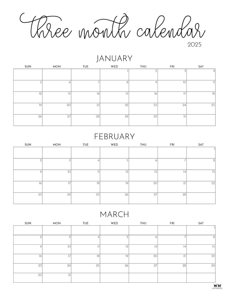 2025 Three Month/Quarterly Calendars - 36 Free Cals | Printabulls pertaining to 3 Month Calendar Printable 2025