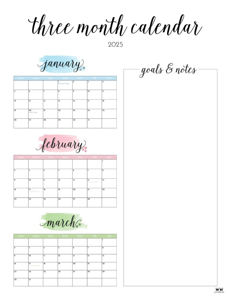 2025 Three Month/Quarterly Calendars - 36 Free Cals | Printabulls with Printable Calendar 2025 3 Months