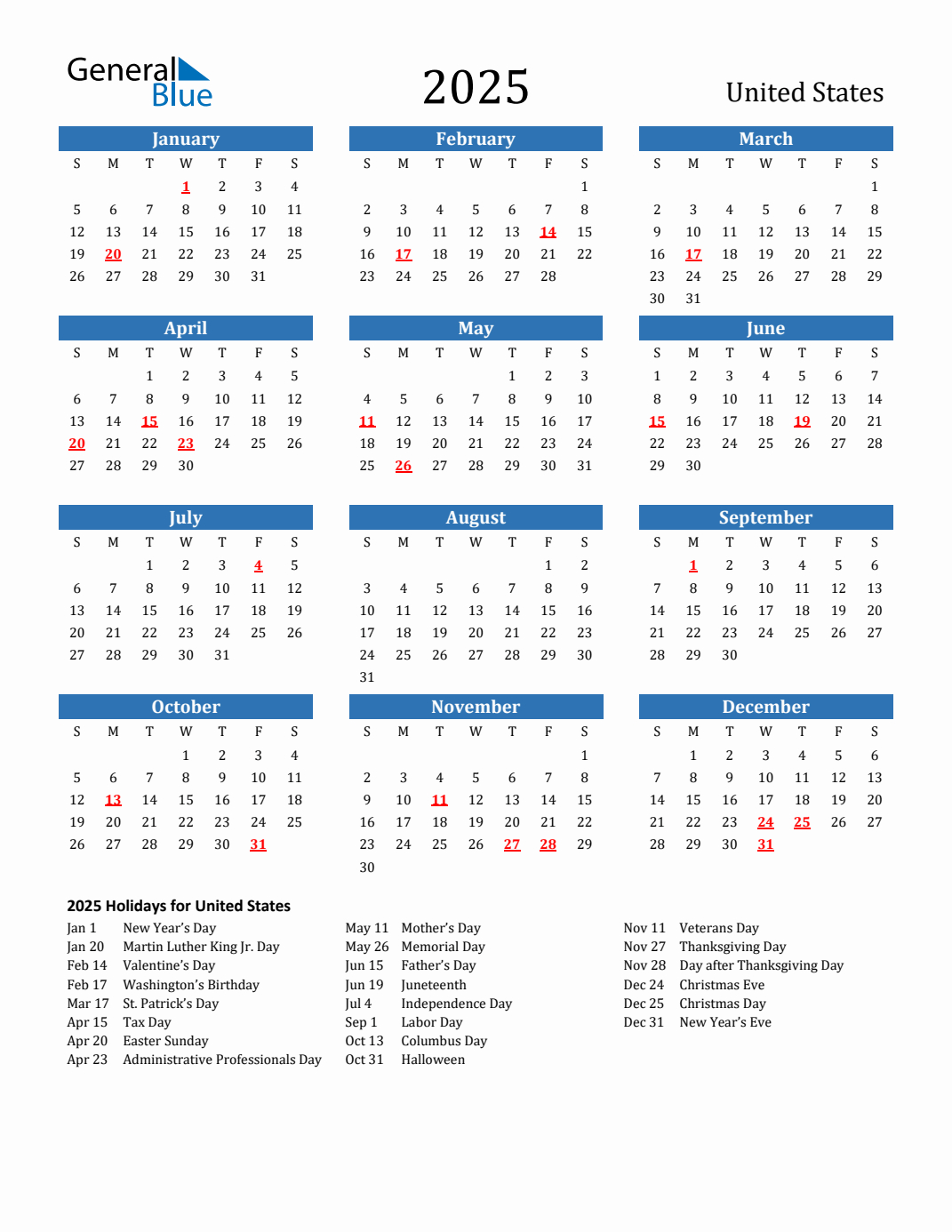 2025 United States Calendar With Holidays for Free Printable Calendar 2025 with Holidays