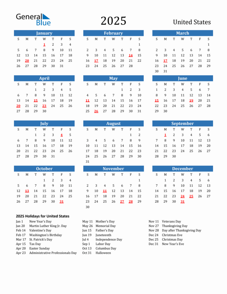 Year 2025 Calendar Printable with Holidays