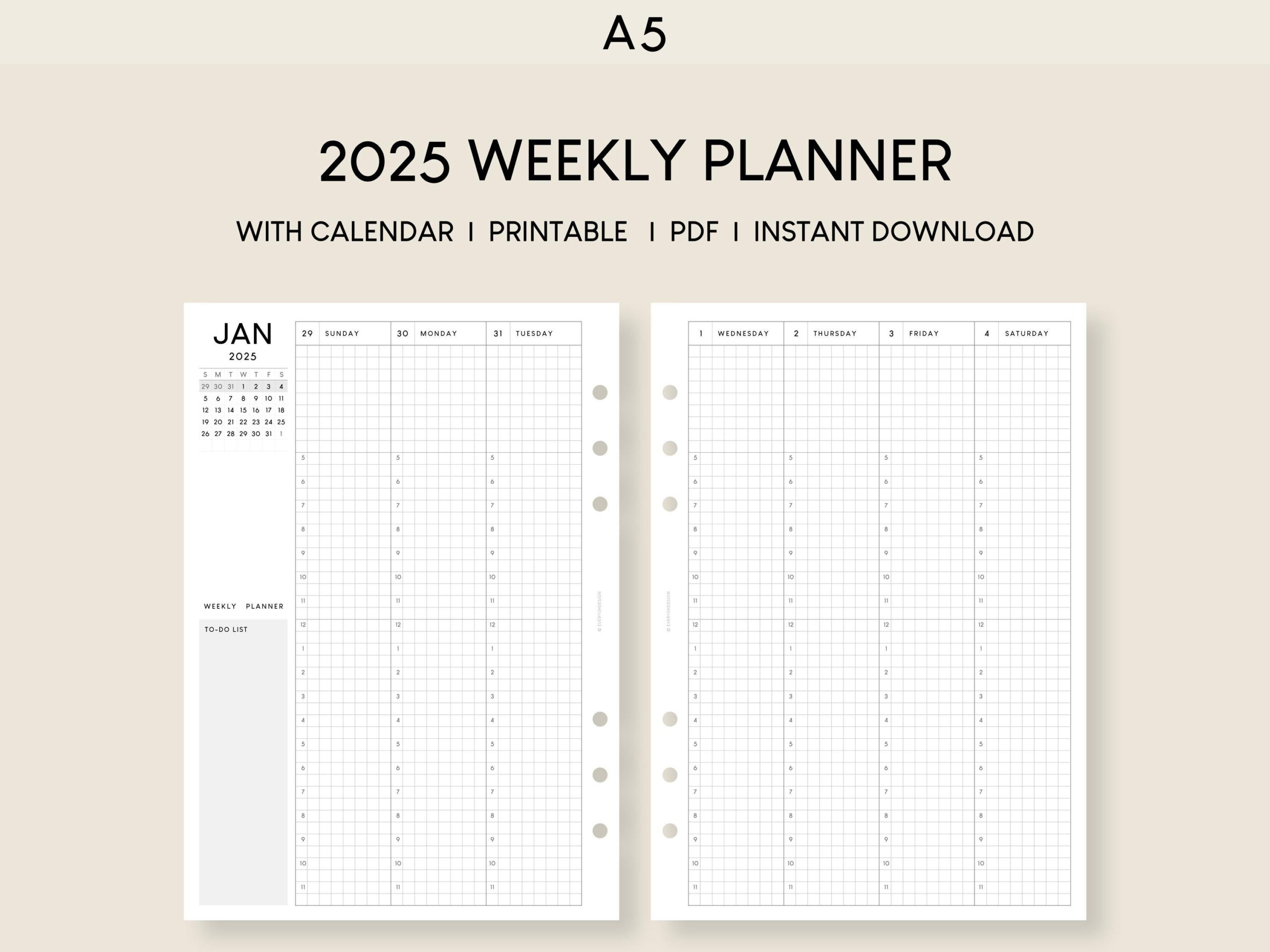 2025 Weekly Planner With Calendar Printable Inserts 52 Week Hourly for Weekly Calendar 2025 Hourly Printable