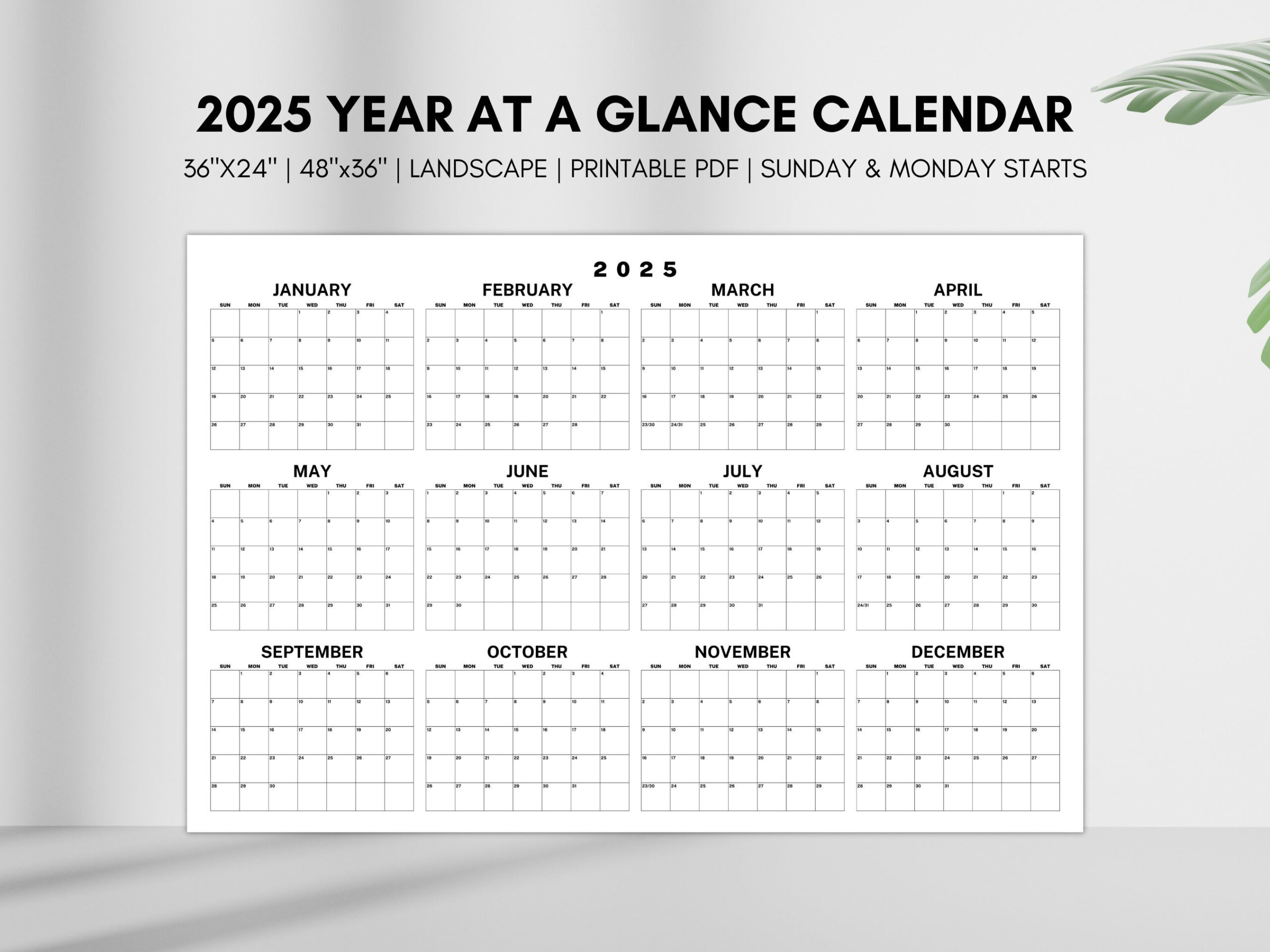 2025 Year At A Glance Calendar, Large Horizontal 2025 Calendar inside 2025 at a Glance Calendar Printable