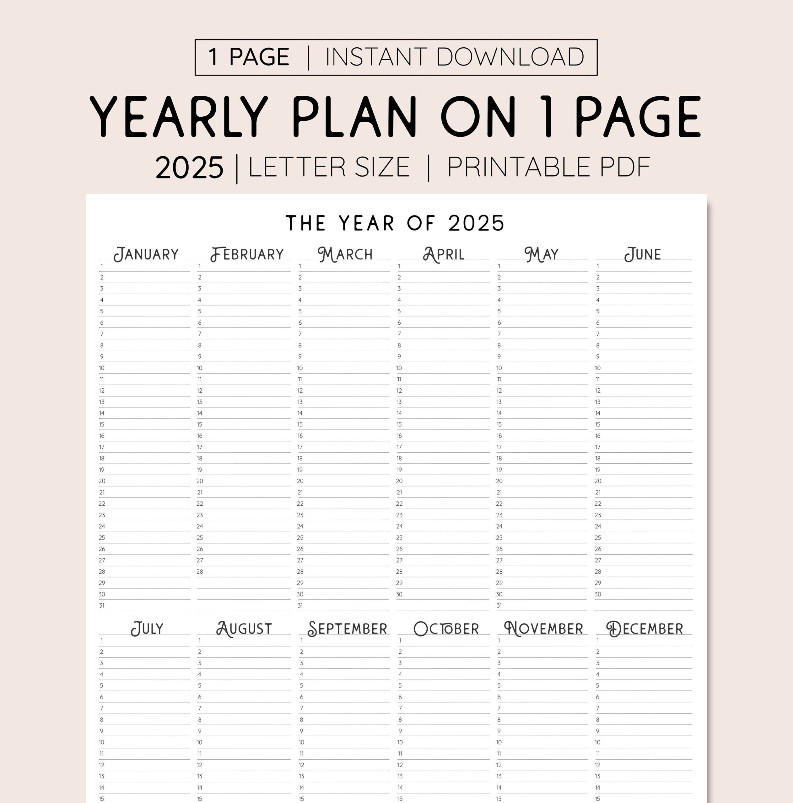 2025 Year At A Glance, Instant Download, Yearly Overview for Budget Calendar 2025 Template Printable