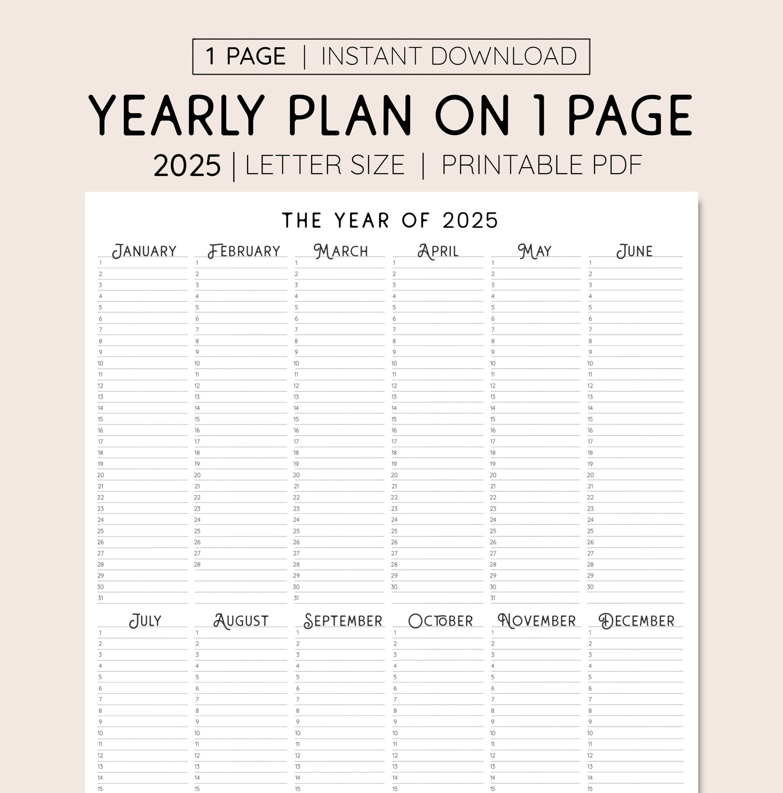 2025 Year At A Glance, Instant Download, Yearly Overview regarding 2025 Planner Calendar Printable