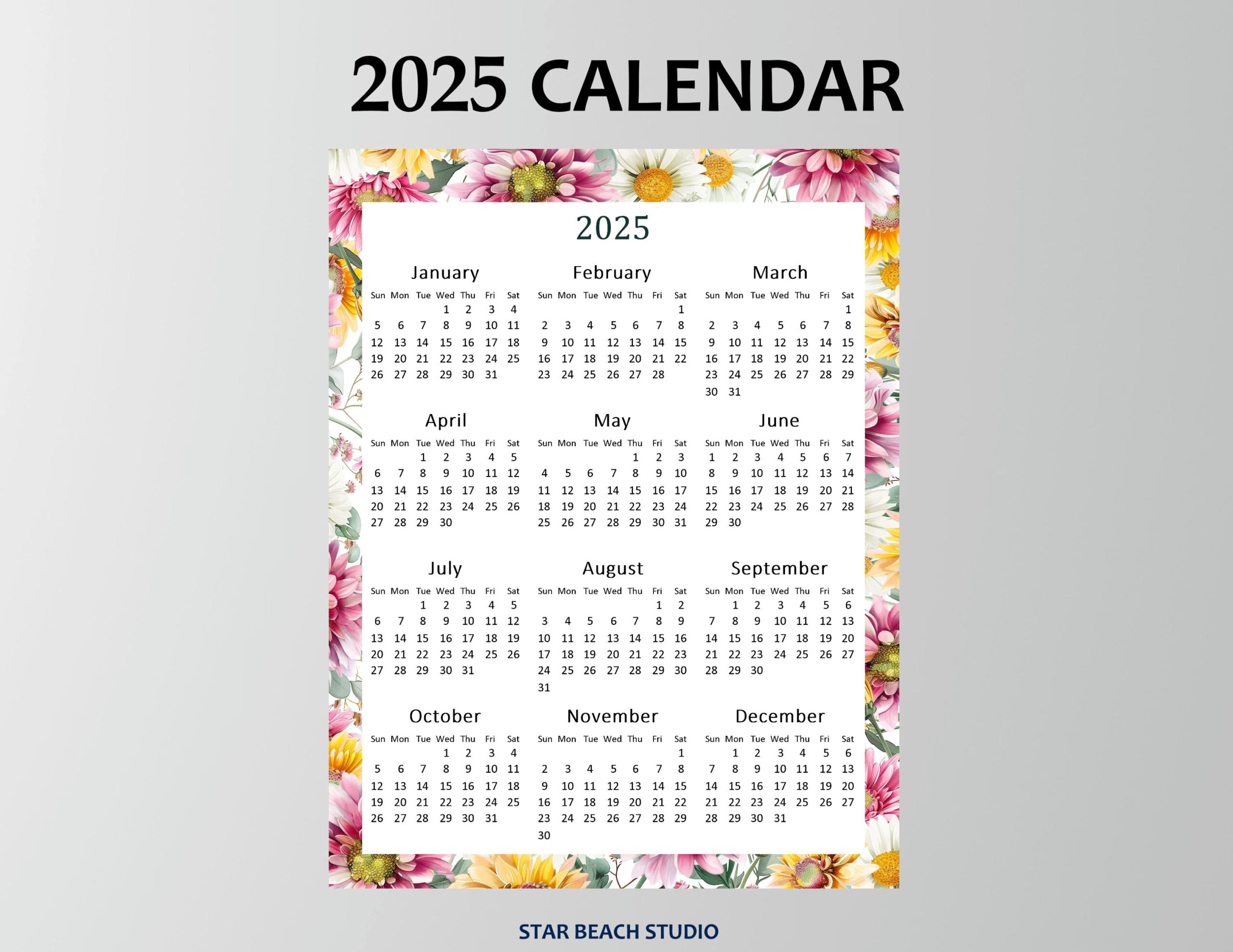 2025 Year Calendar Printable, Year At A Glance, 2025 Floral Wall in 8x10 Calendar Printable 2025