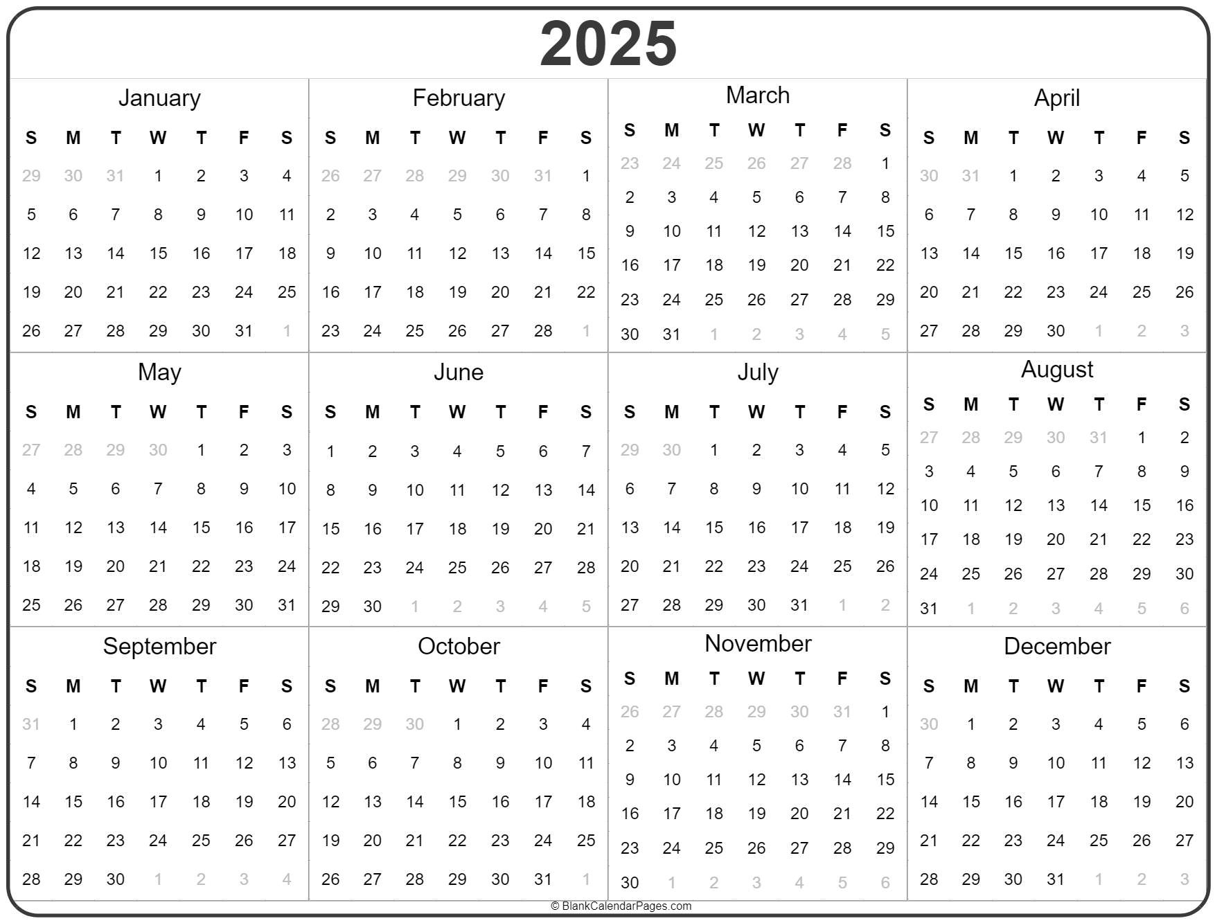 2025 Year Calendar | Yearly Printable for Annual Calendar 2025 Free Printable