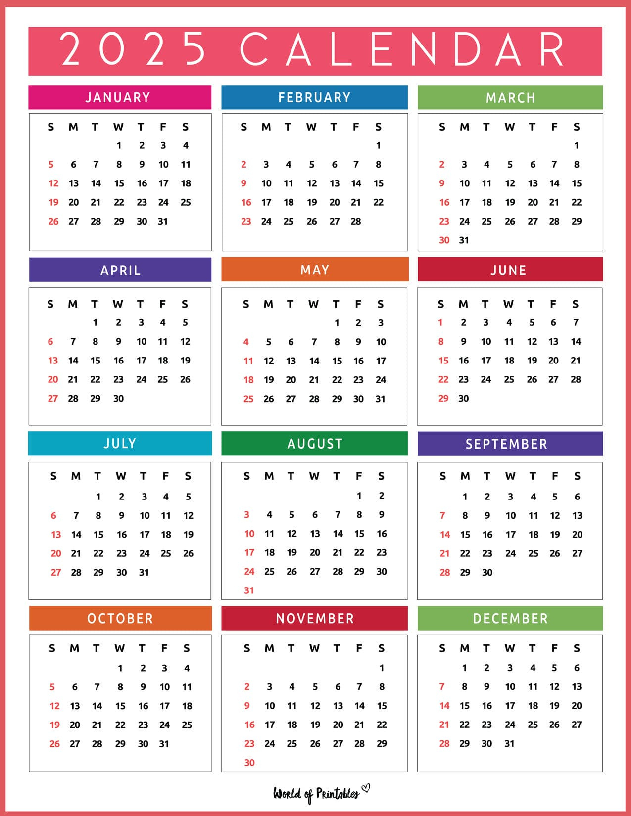 2025 Year Calendars - 70 Best Printables - World Of Printables for 2025 Overview Calendar Printable