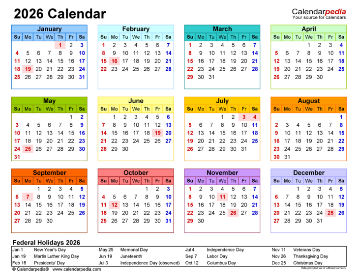 2026 Monthly Calendar with Holidays Printable Free