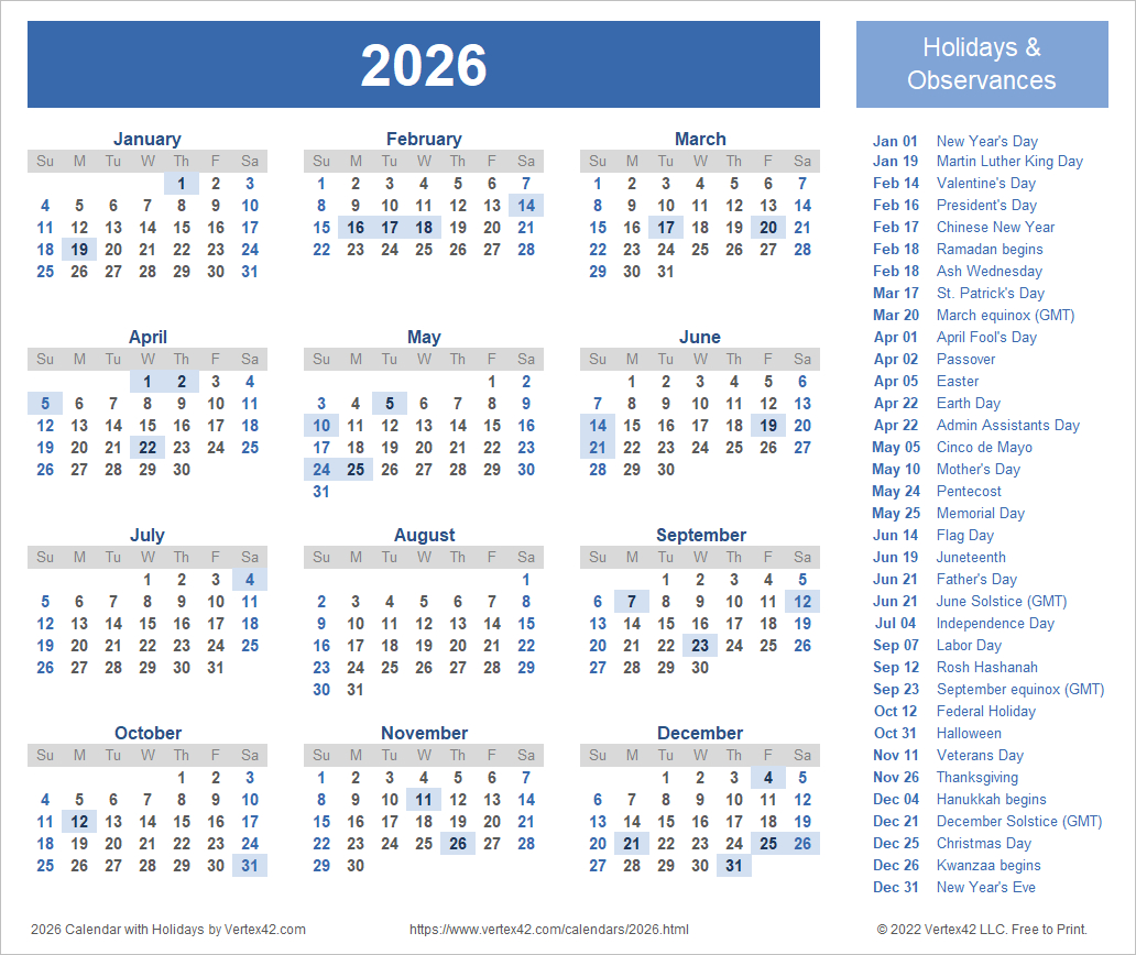 2026 Calendar Templates And Images throughout 2026 Calendar With Holidays Printable Free