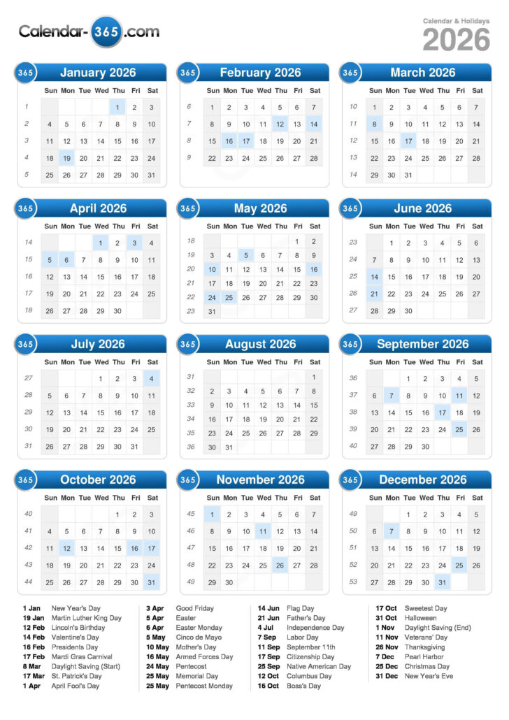 2026 Calendar with Week Numbers Printable