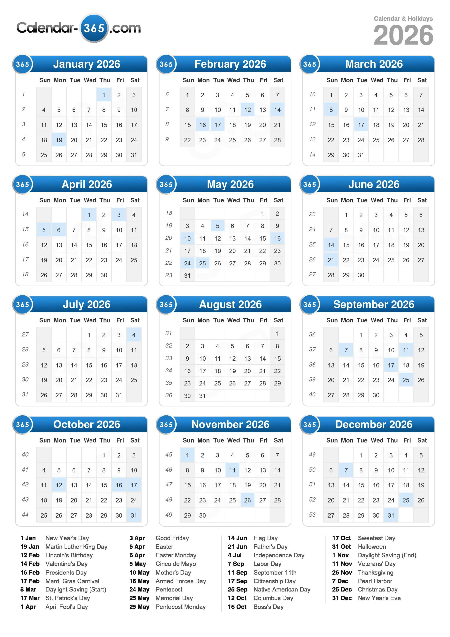 2026 Calendar with 2026 Calendar With Week Numbers Printable