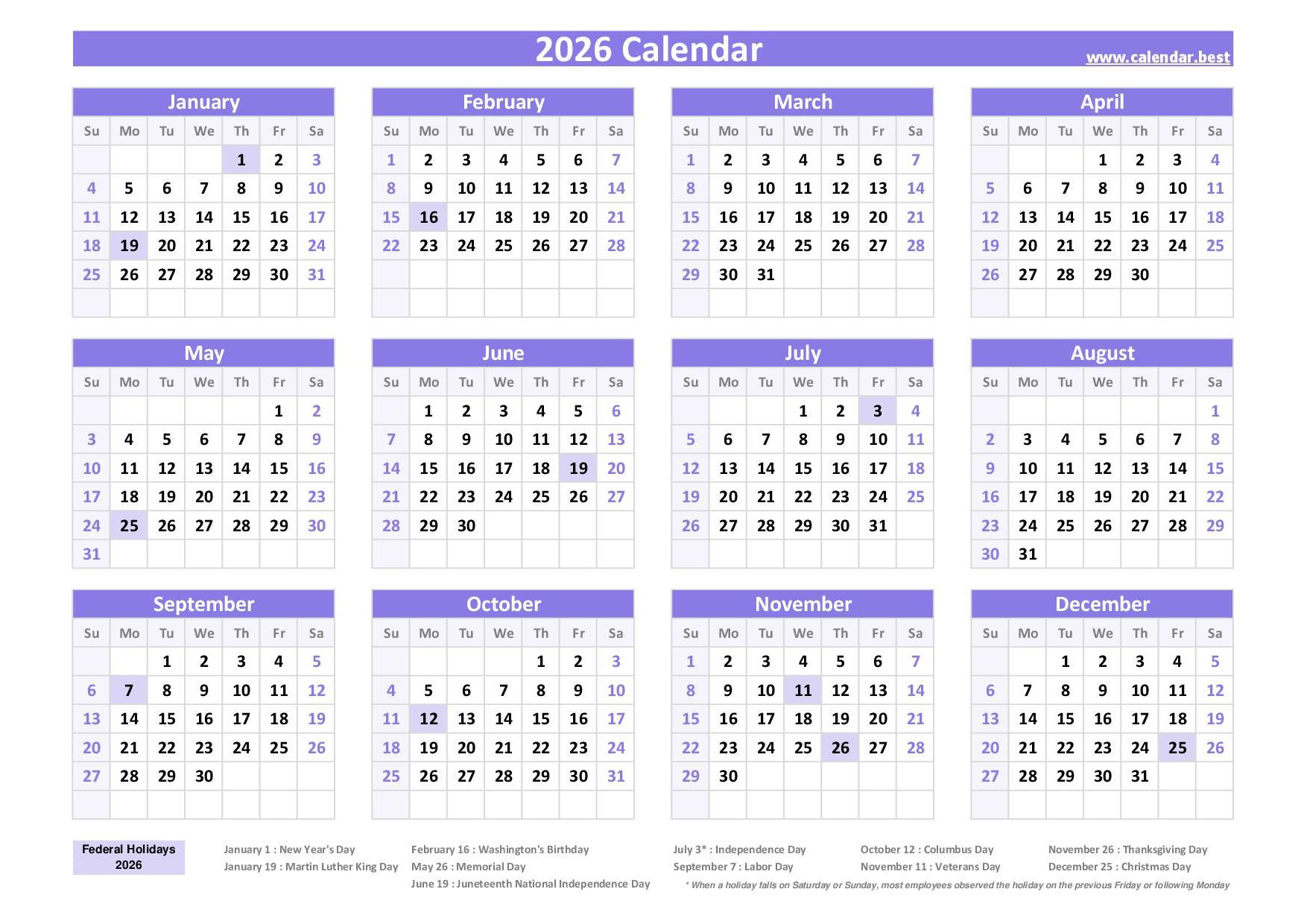 2026 Calendar With Holidays (Us Federal Holidays) pertaining to 2026 Calendar with Holidays Printable Free