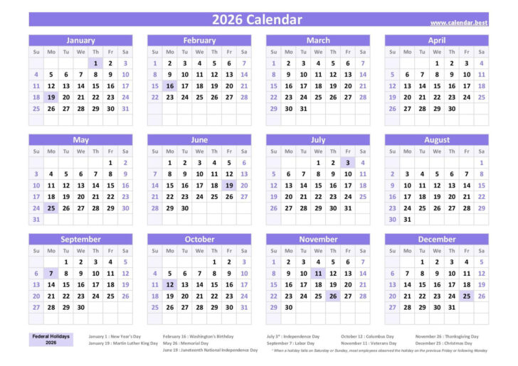 2026 Calendar with Federal Holidays Printable