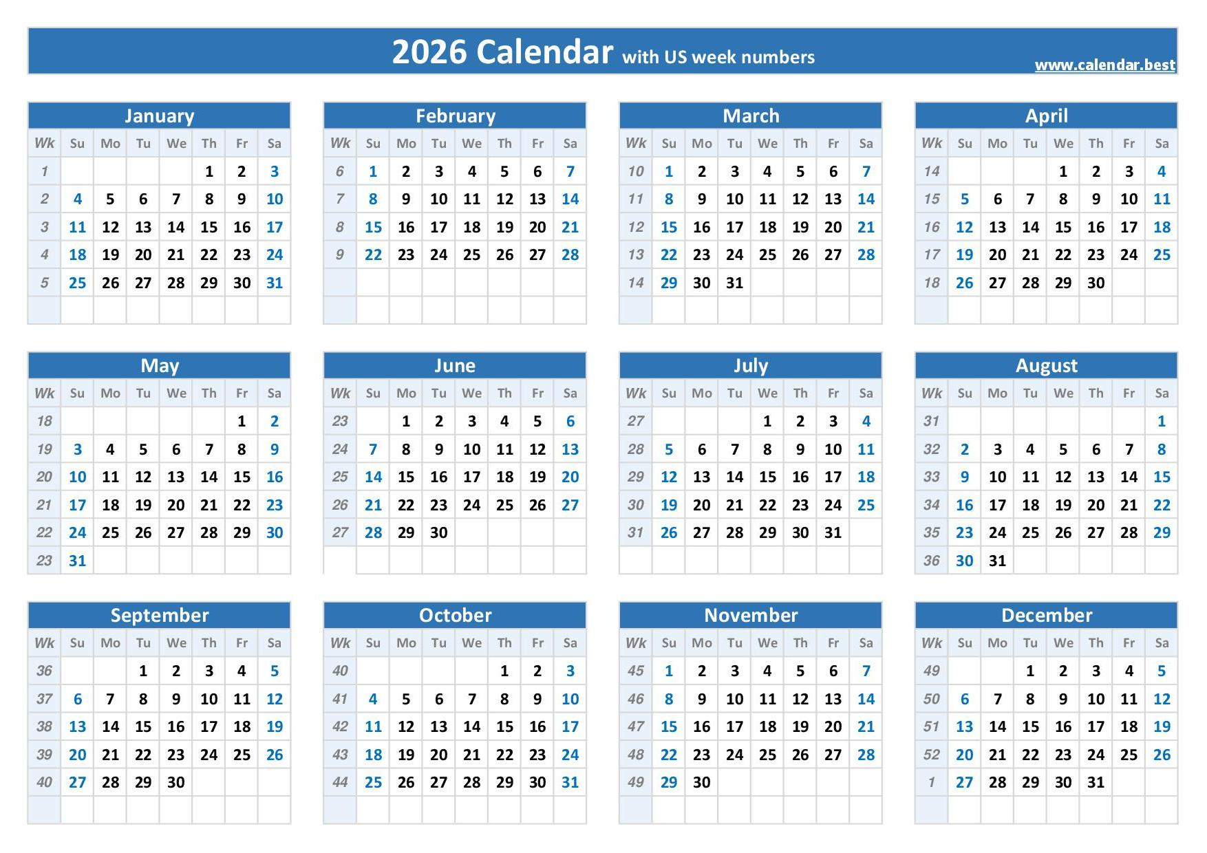 2026 Calendar With Week Numbers in 2026 Calendar With Week Numbers Printable