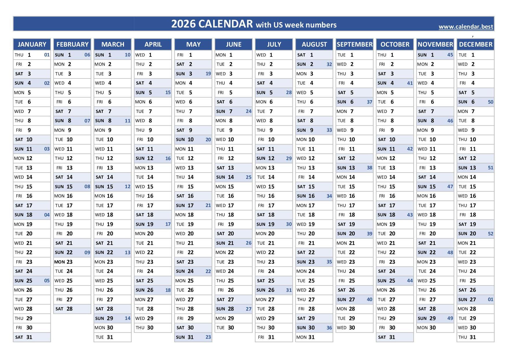 2026 Calendar With Week Numbers (Us And Iso Week Numbers) regarding 2026 Calendar with Week Numbers Printable