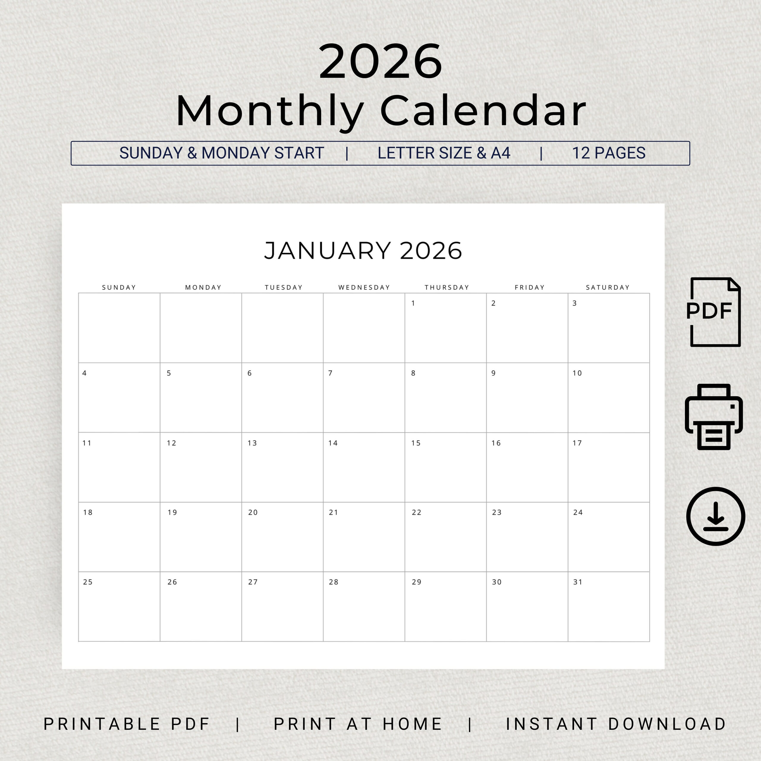 2026 Monthly Calendar Printable 2026 Monthly Planner Landscape for Printable Calendar 2026 Monthly