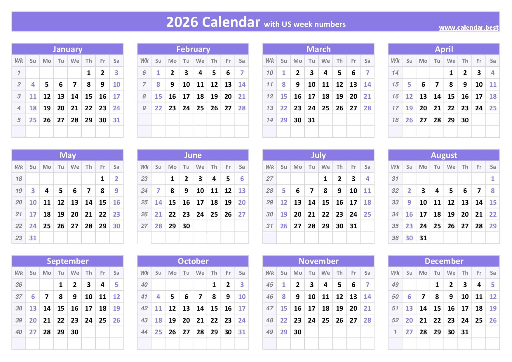 2026 Printable Calendar With Week Number. regarding 2026 Calendar With Week Numbers Printable