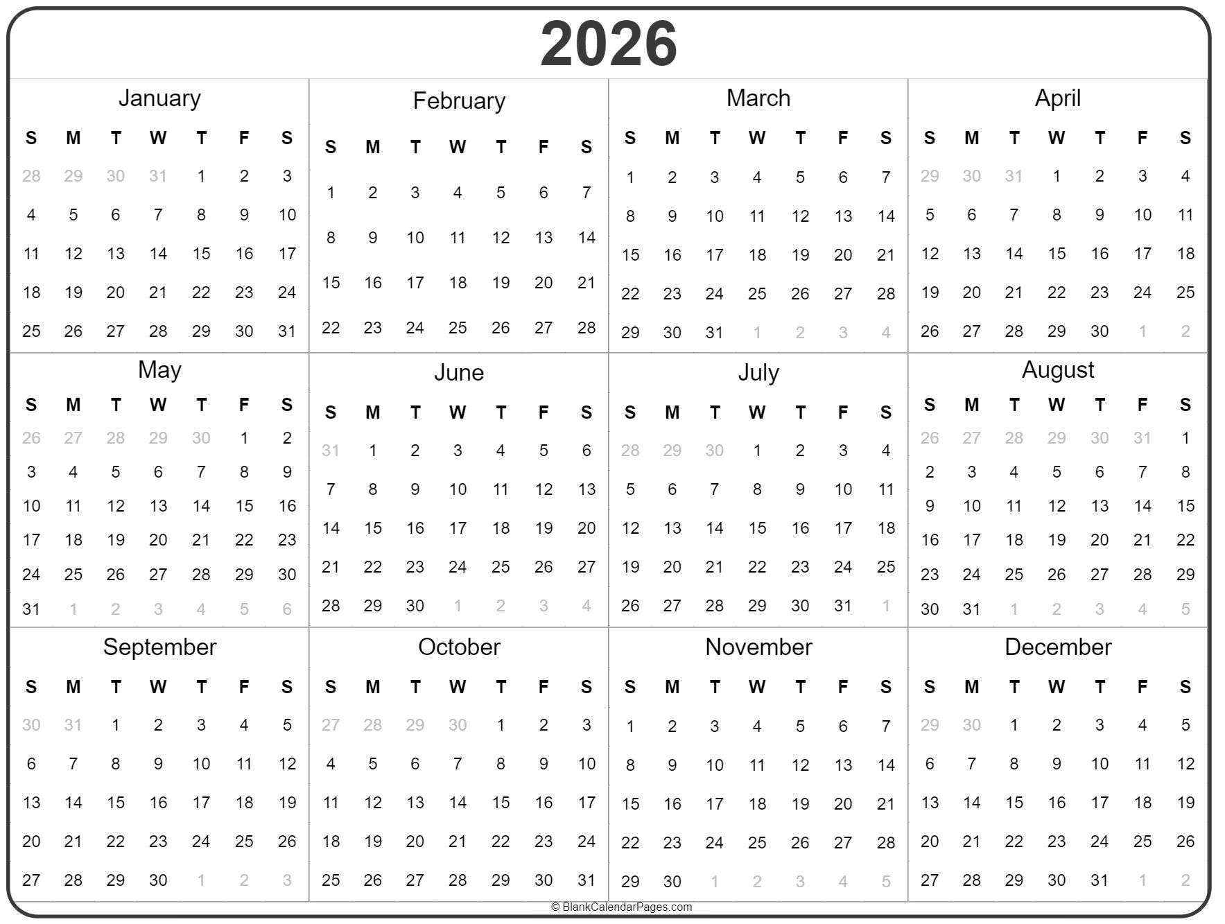 2026 Year Calendar | Yearly Printable in 2026 Calendar at a Glance Printable