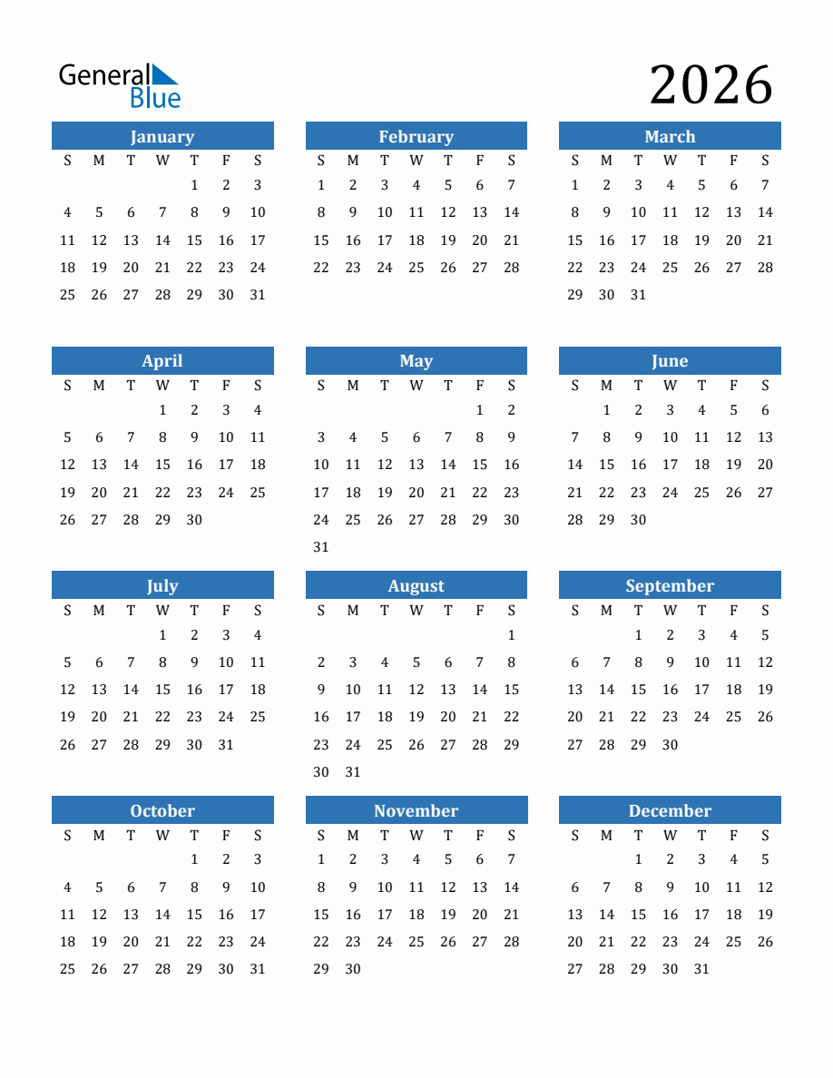 2026 Yearly Calendar pertaining to Printable Calendar 2026 Monthly