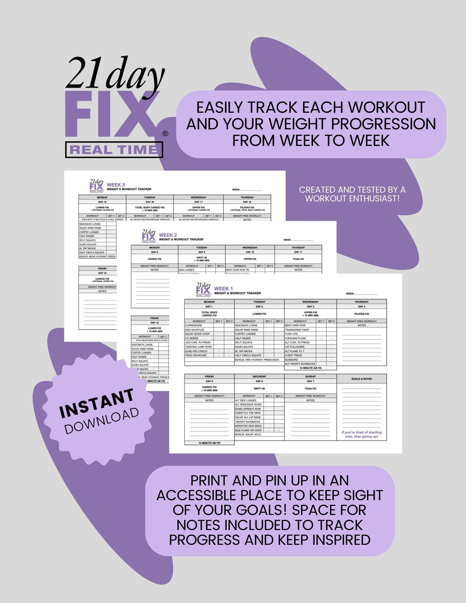 21 Day Fix Real Time Weight &amp;amp; Workout Tracker Notes - Etsy with regard to 21 Day Fix Real Time Calendar Printable