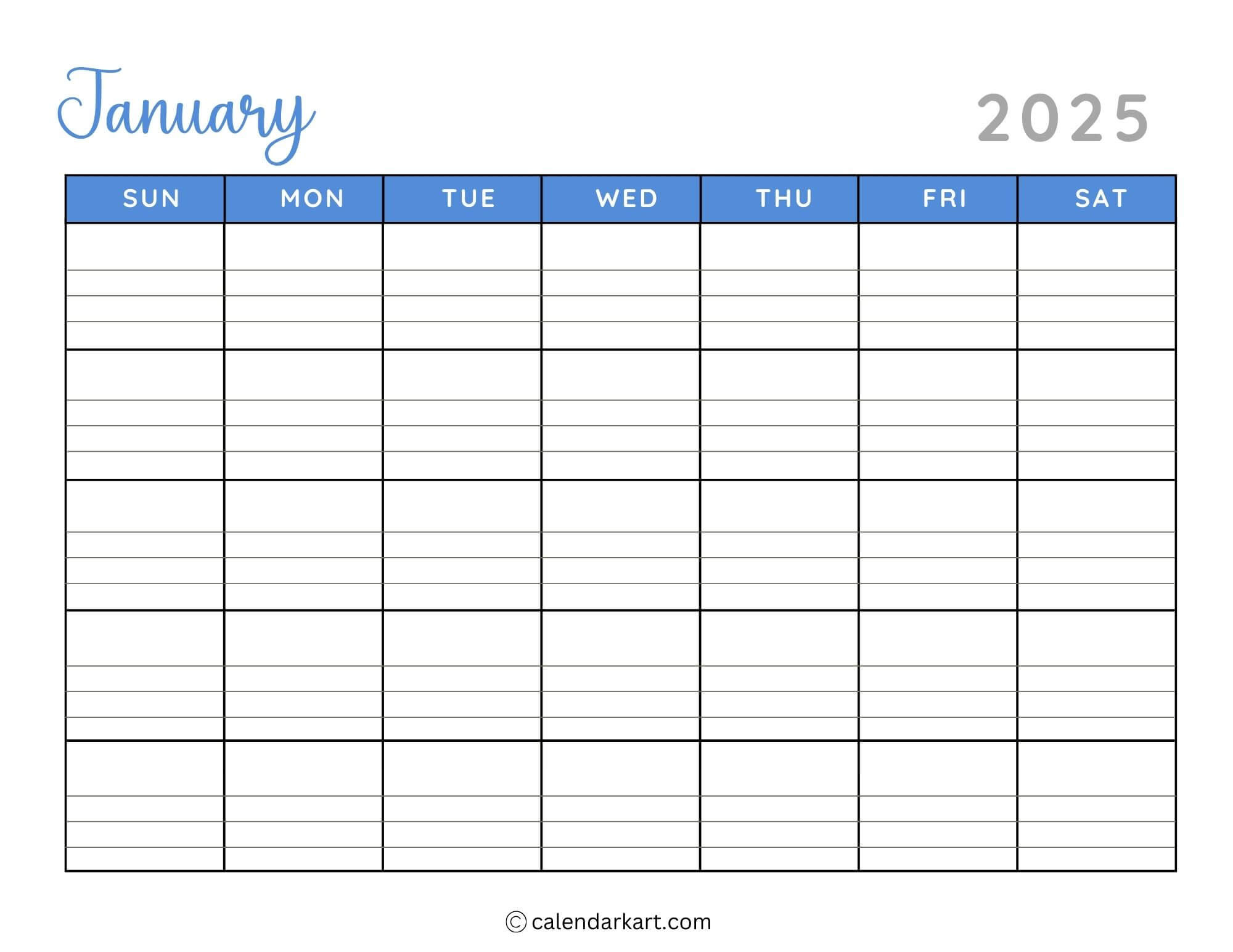 40+ Printable January 2025 Calendars | Free Pdf - Calendarkart in Calendar 2025 With Lines Printable