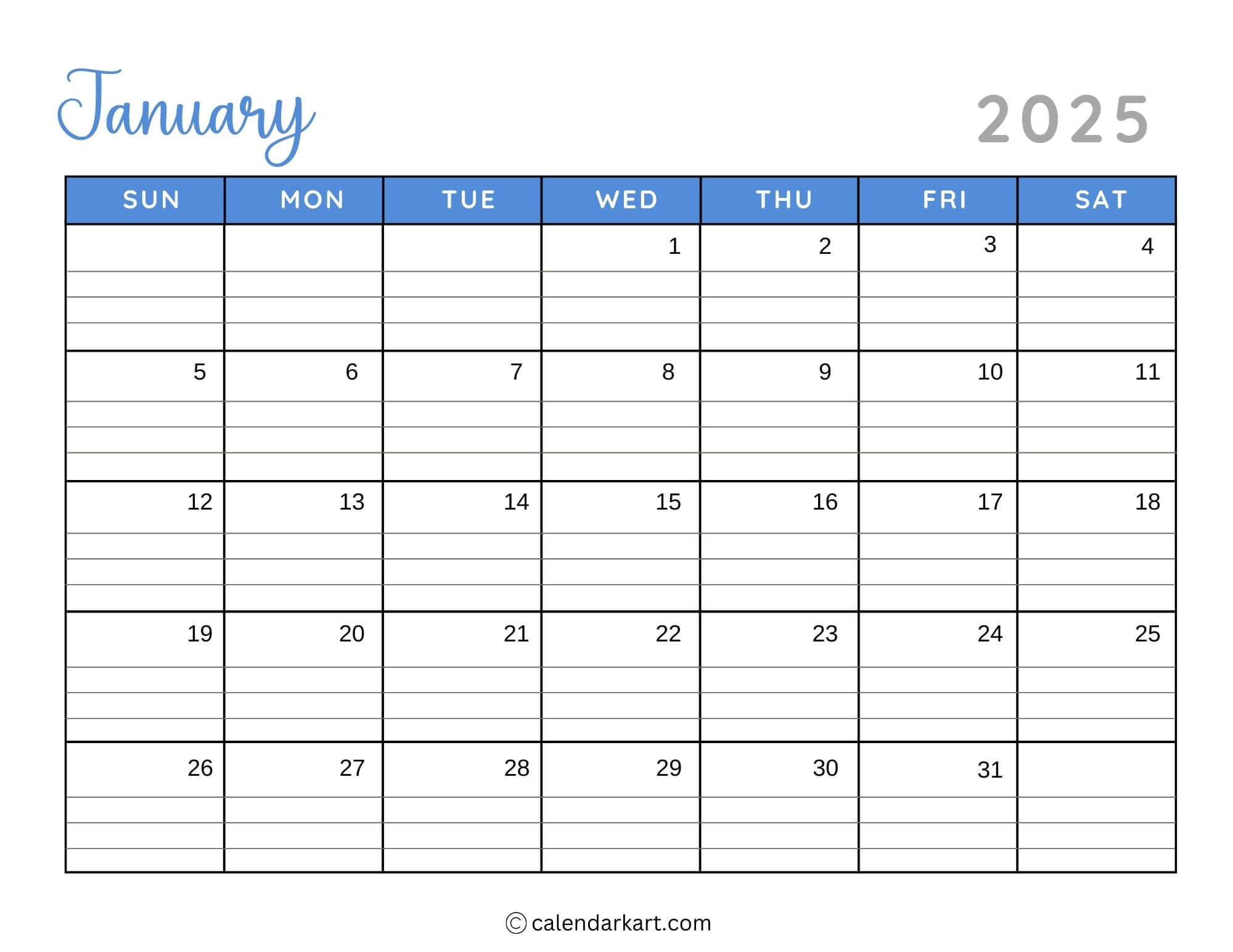 40+ Printable January 2025 Calendars | Free Pdf - Calendarkart in Printable Calendar With Lines 2025