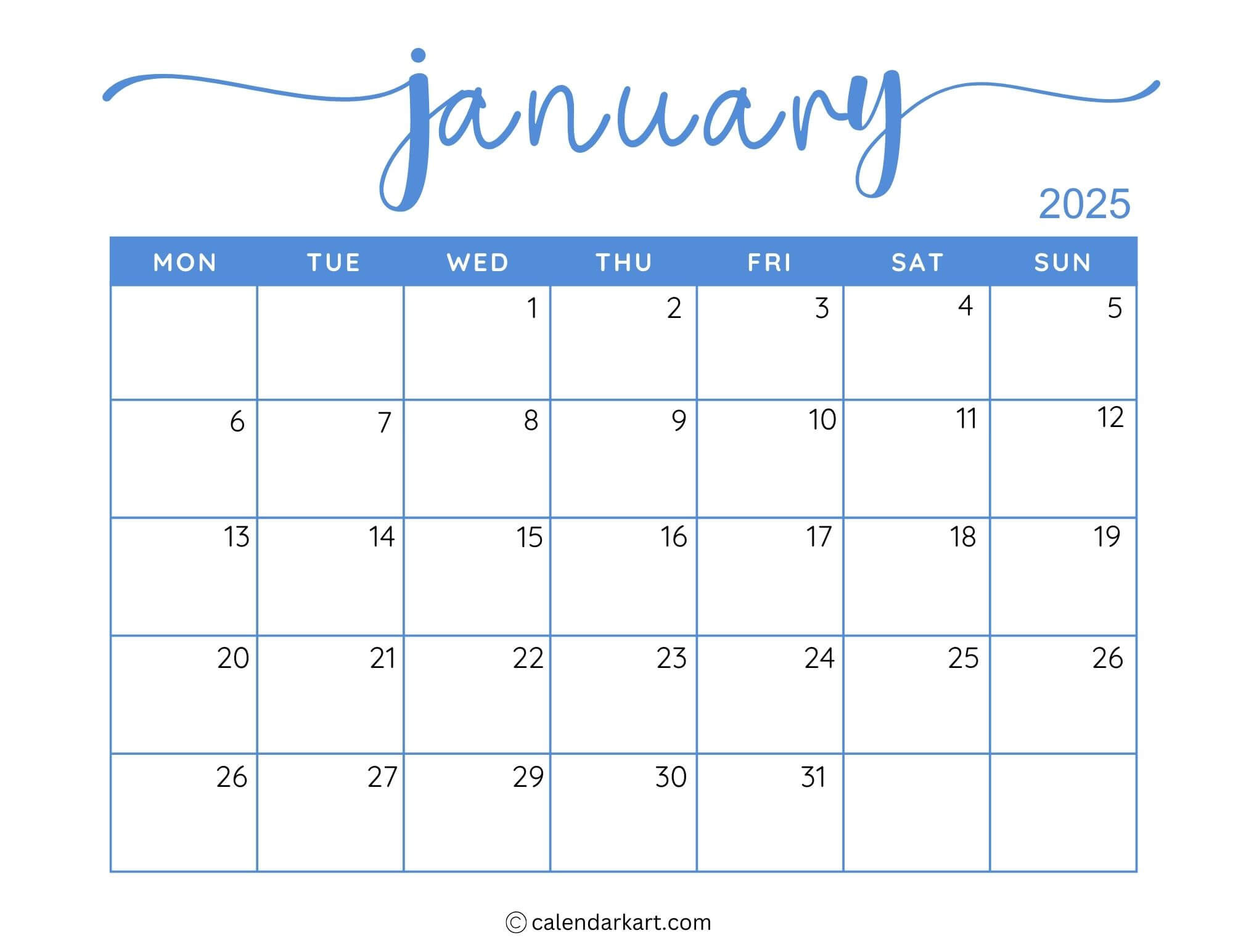 40+ Printable January 2025 Calendars | Free Pdf - Calendarkart pertaining to Jan 2025 Calendar Printable