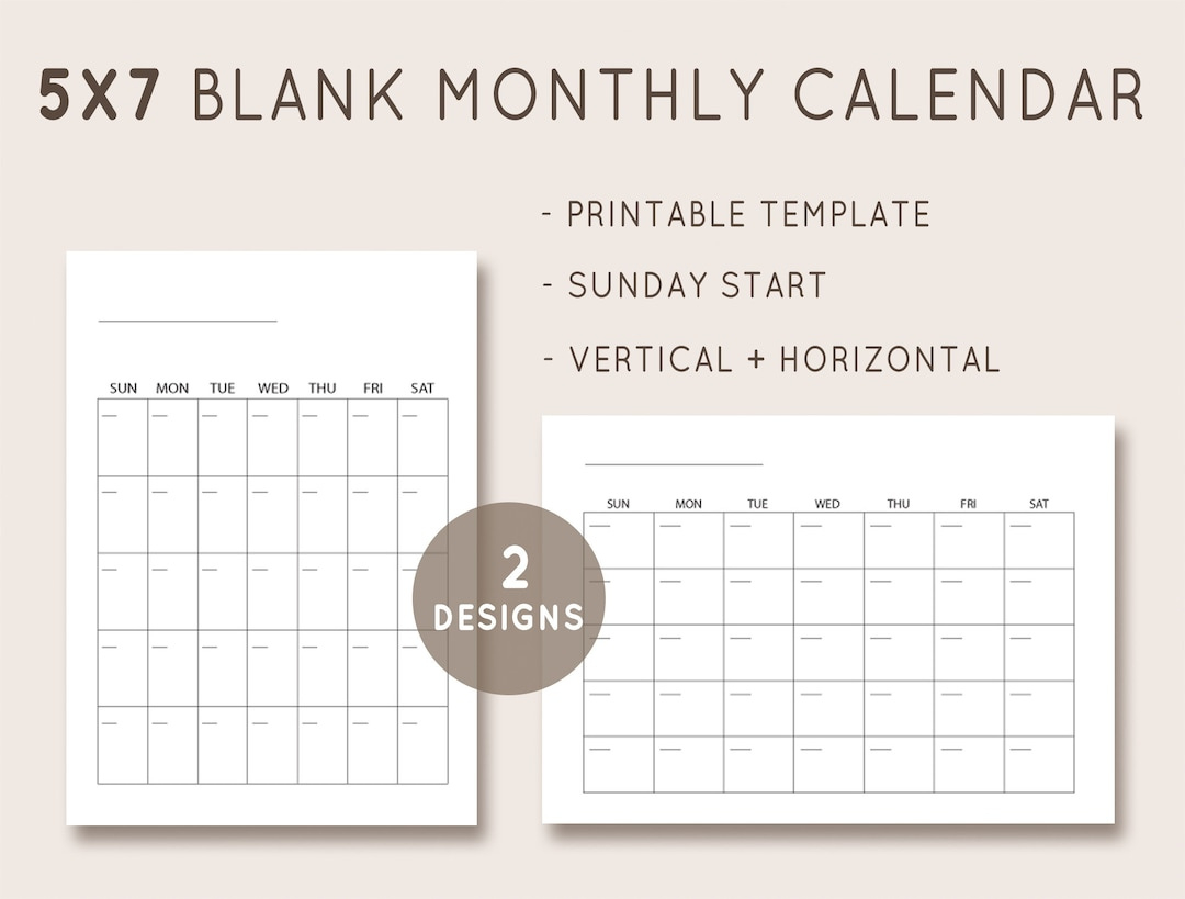 5X7 Calendar, Blank Calendar Template, Undated Monthly Calendar, Printable Calendar 2021, Plain Calendar, Instant Download, Digital Calendar - Etsy with 5 X 7 Printable Monthly Calendar