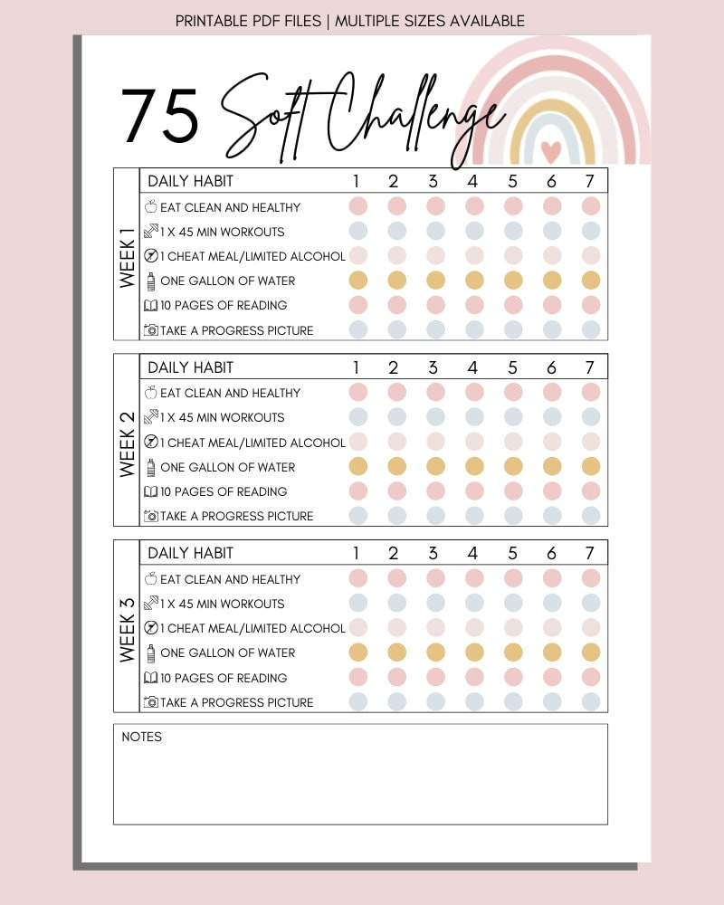 75 Soft Challenge Tracker, 75 Soft Challenge, 75 Tage Challenge in 75 Soft Calendar Printable